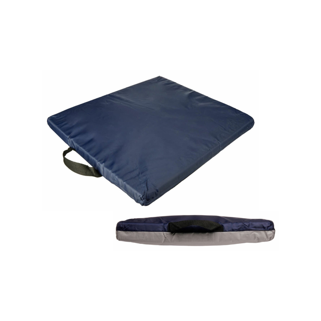 The Meridan Medical Gel Wheelchair Cushion (18 x 16 x 2) is a dark blue, square cushion with a carrying handle, shown from top and side views to highlight its slim profile, portability, and comfortable memory foam support.